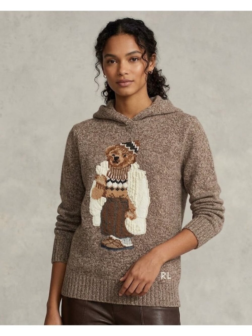NWT Polo Ralph Lauren Women's Polo Bear in Brown Multi Wool-Blend Knit Hoodie L